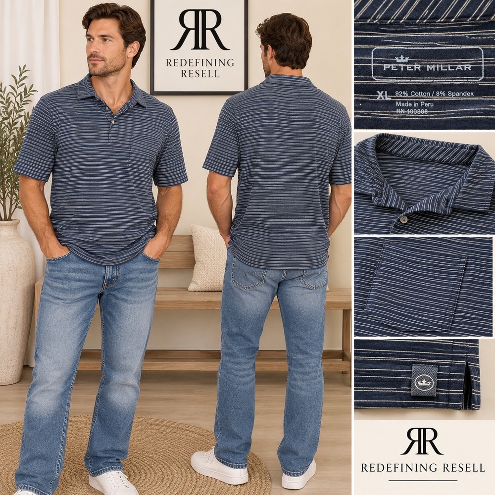 Peter Millar Mens XL Navy Blue Striped Cotton Stretch Short Sleeve Polo Shirt